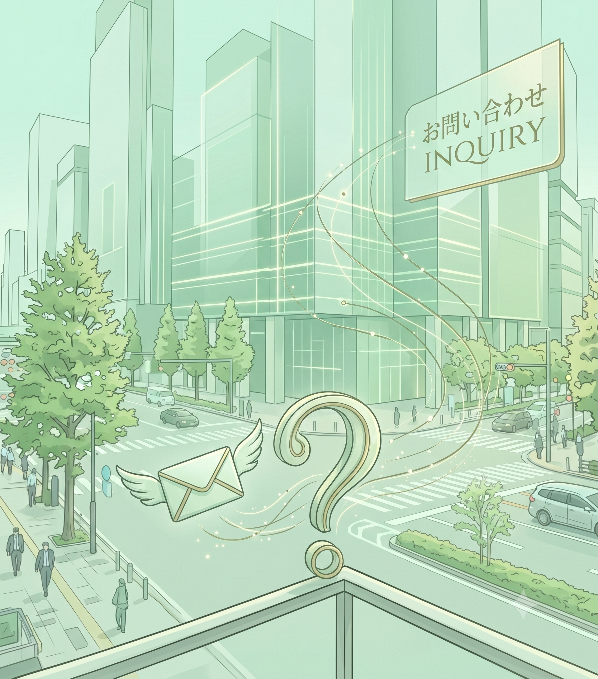お問い合わせのアイキャッチ。オフィス街と封筒・問い合わせ看板のイラスト