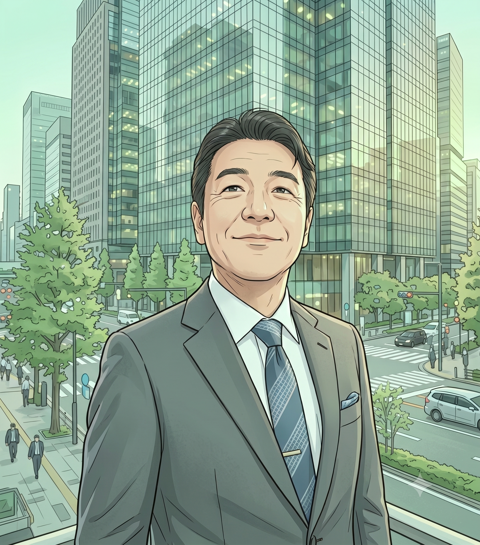 プロフィールのアイキャッチ。オフィス街に立つSAPコンサルタントのイラスト